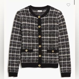 J.Crew Tweed Style Cardigan Black Cream Button Front Pockets XL 100% Cotton